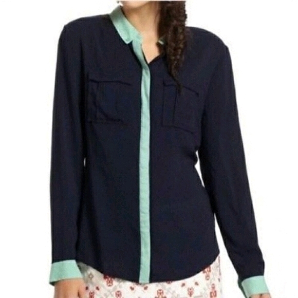 Anthropologie Tops - Anthro Maeve Bagatelle Navy Green Trim Shirt 12
